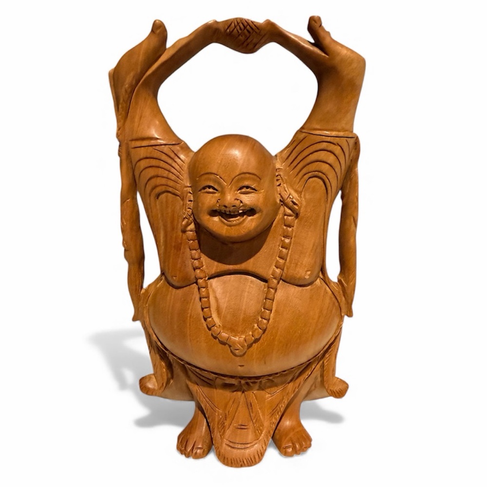 Laughing Buddha Statue Symbol Of Happiness Hand Carved Wooden Gift Like New